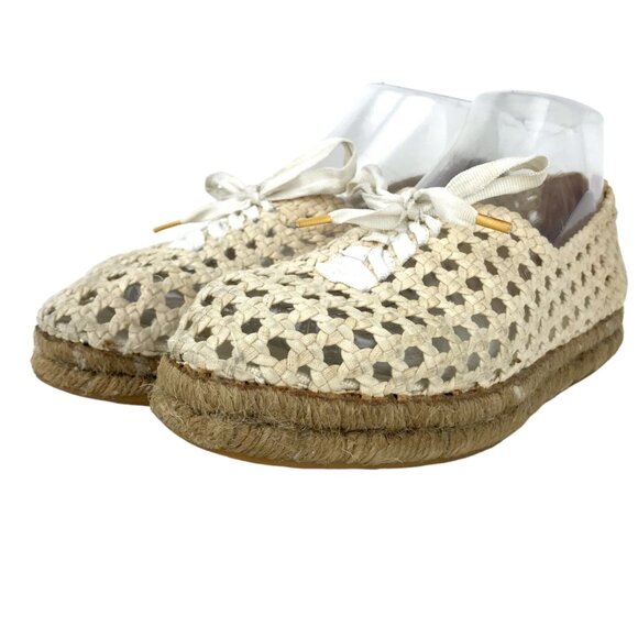 Saint Laurent Womens 7 38 Cream Espadrille Lace Up Loafers Woven Round Toe - Picture 3 of 16